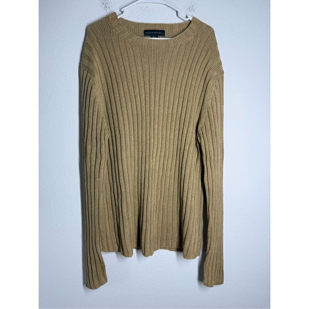 Banana Republic Linen Blend Sweater Mens Sz XL Tan Ribbed Crewneck Heavyweight
